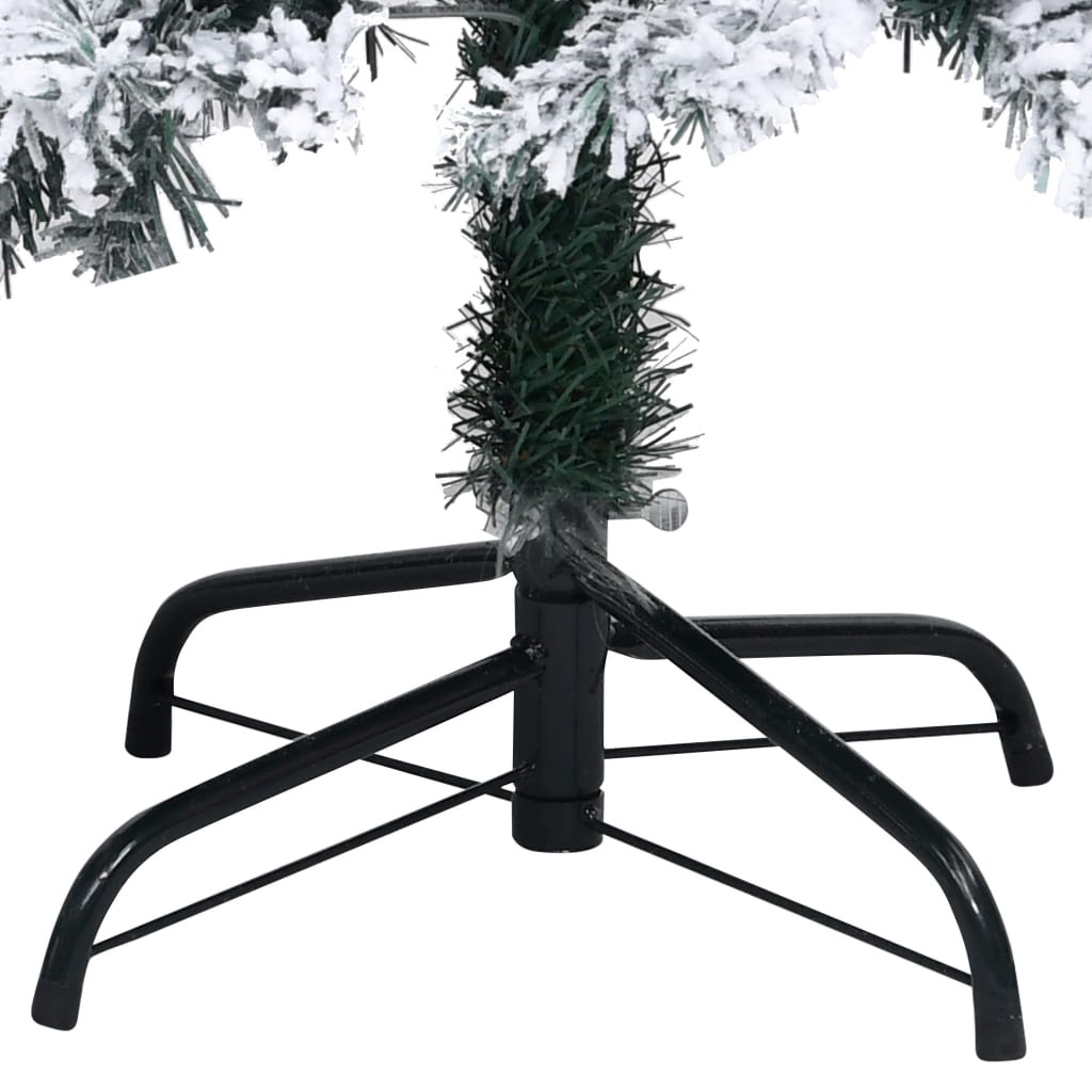 A 7 ft flocked snow green PVC artificial Christmas tree on a black metal stand.