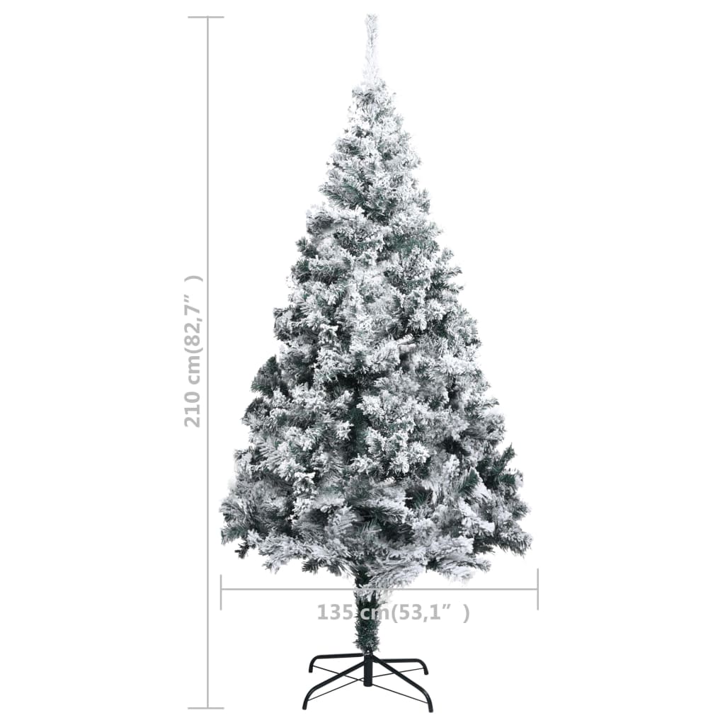 7 ft flocked snow green PVC artificial Christmas tree with metal stand.