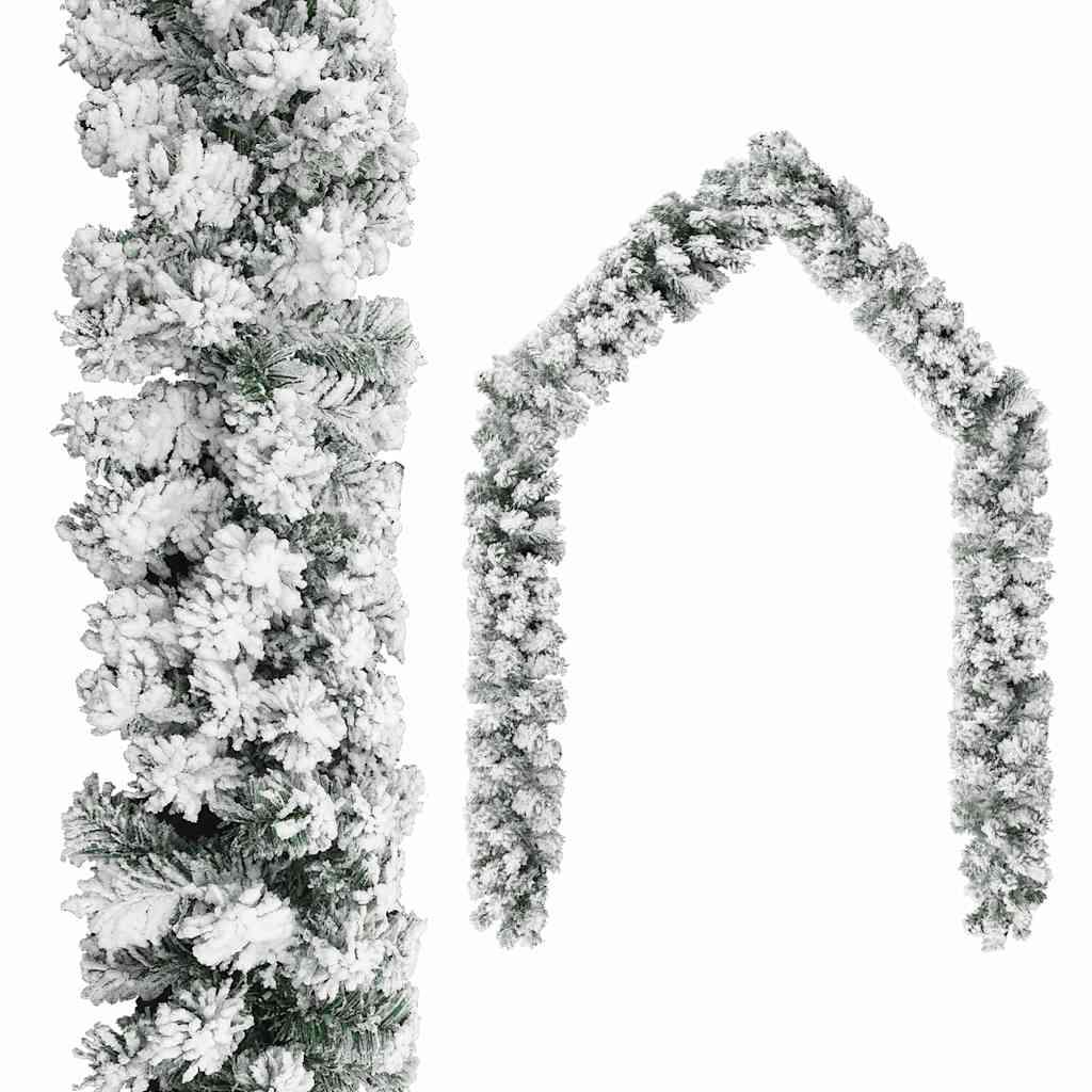 A 16 ft flocked snow green PVC Christmas garland shown straight and arched.