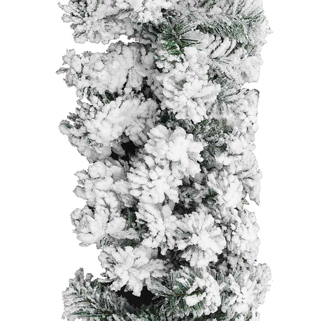 A 16-foot flocked snow green PVC Christmas garland with dense, artificial pine branches.