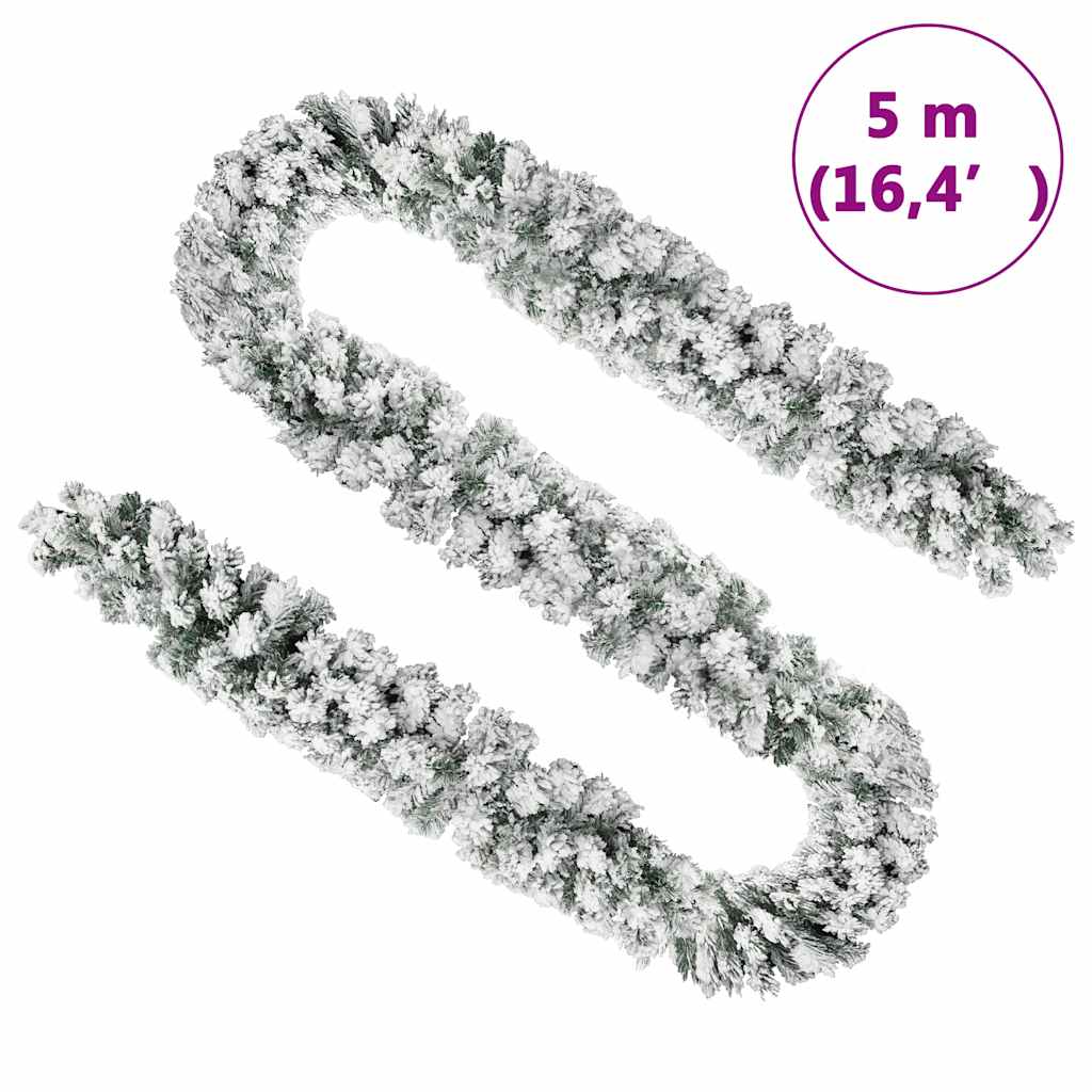 A 5-meter (16.4-foot) flocked snow green PVC Christmas garland is displayed in an S-shape.