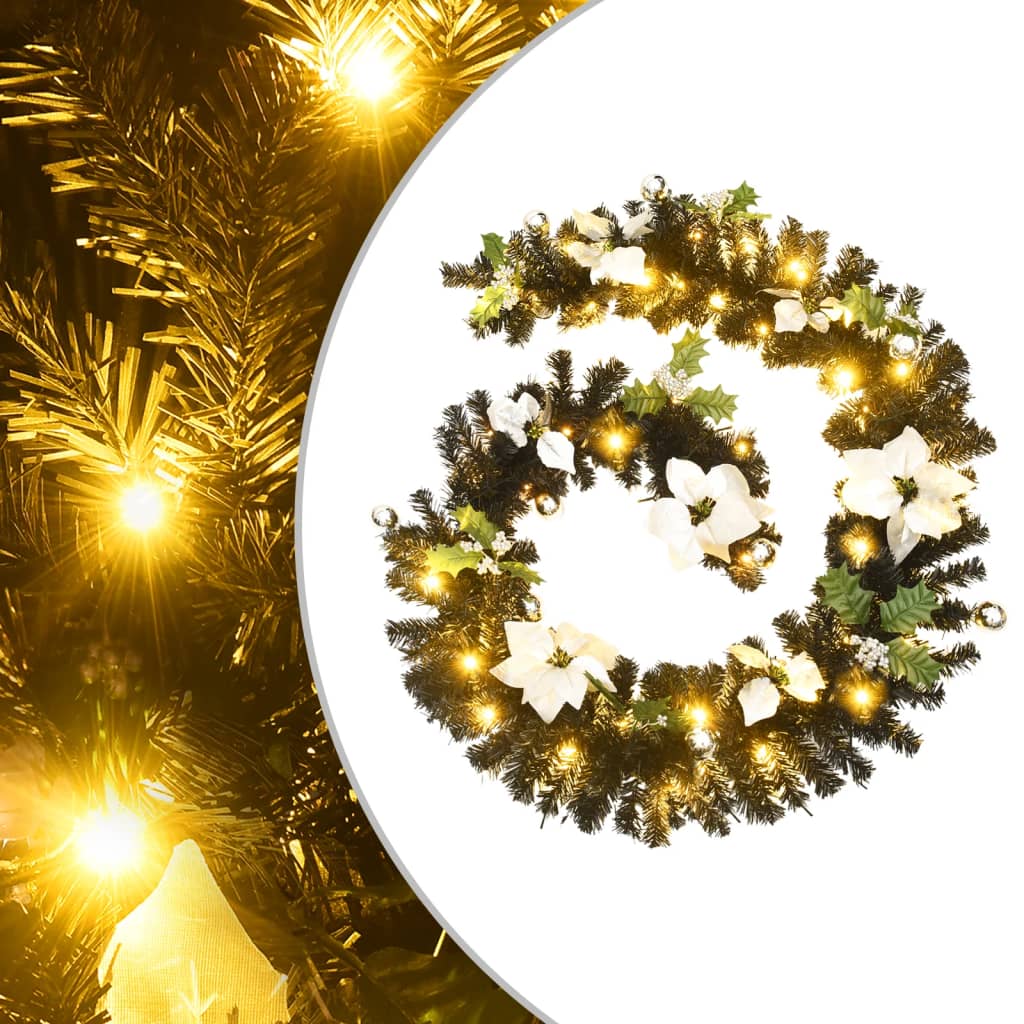 Black PVC Christmas garland with LED lights, 8.9 feet long.