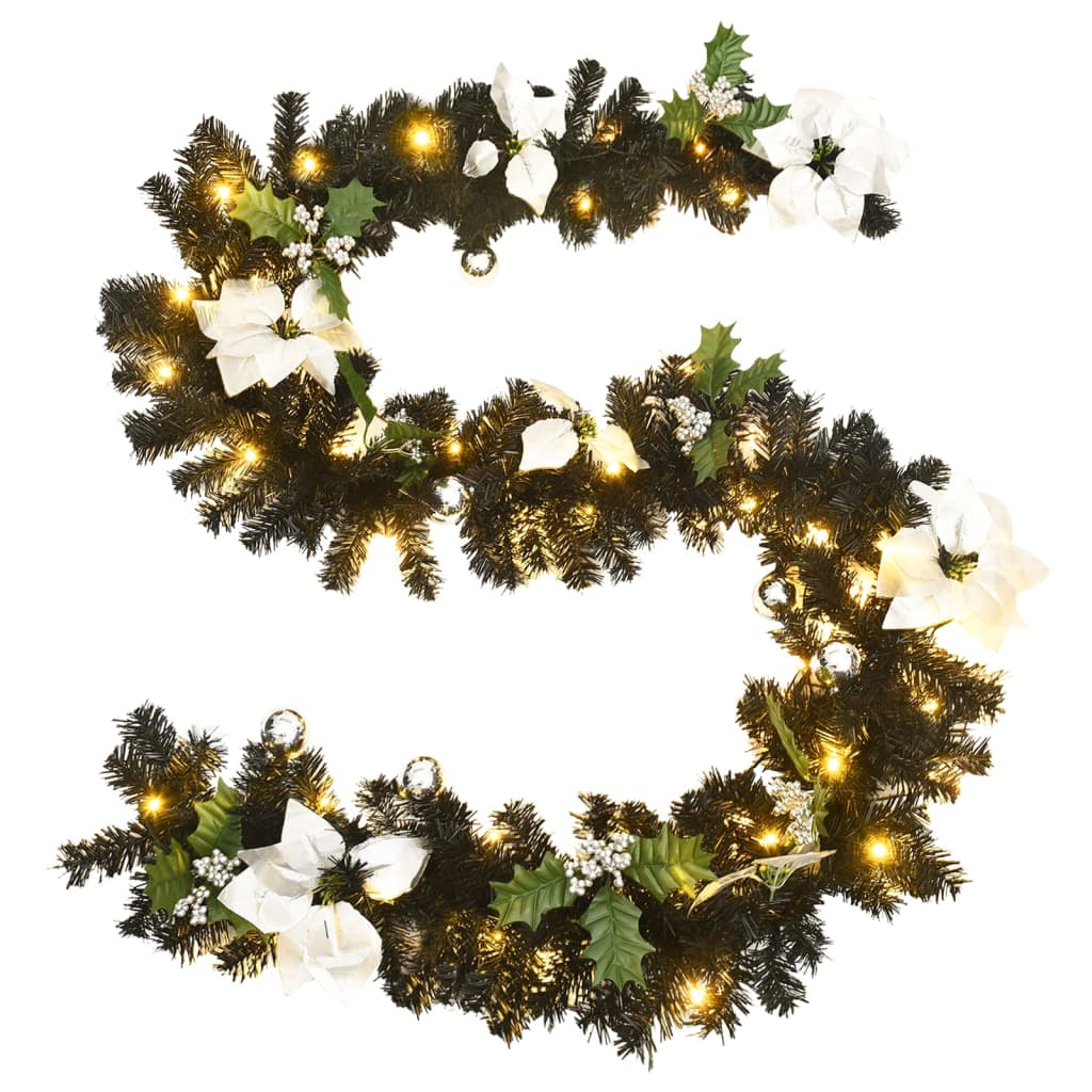 Black PVC Christmas garland shaped like an S, 8.9 feet long with warm LED lights and white poinsettia accents.
