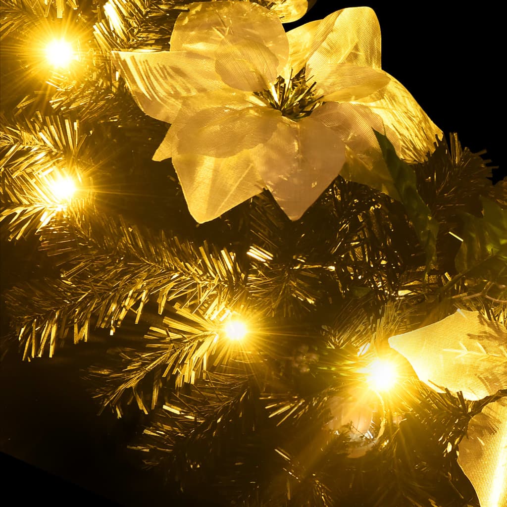 Black PVC Christmas garland with 50 warm LED lights woven through tips, 8.9 feet long.