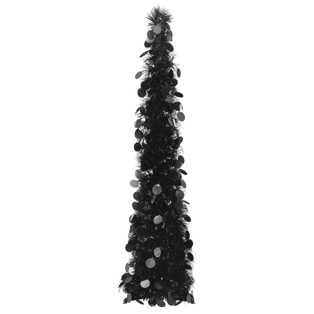 A 4 ft black pop-up artificial Christmas tree made from PET with a slim conical shape.