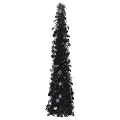 A 4 ft black pop-up artificial Christmas tree made from PET with a slim conical shape.