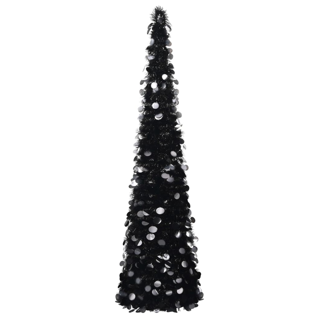 A 5 ft black artificial pop-up Christmas tree made of shiny PET material.