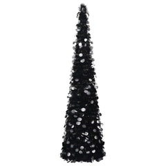 A 5 ft black artificial pop-up Christmas tree made of shiny PET material.