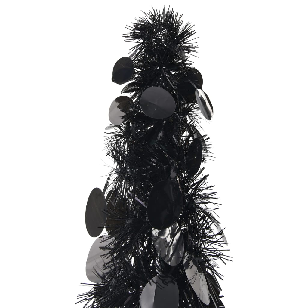 Black 5 ft artificial Christmas tree with shiny PET branches and circular decorations
