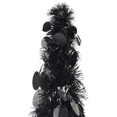 Black 5 ft artificial Christmas tree with shiny PET branches and circular decorations
