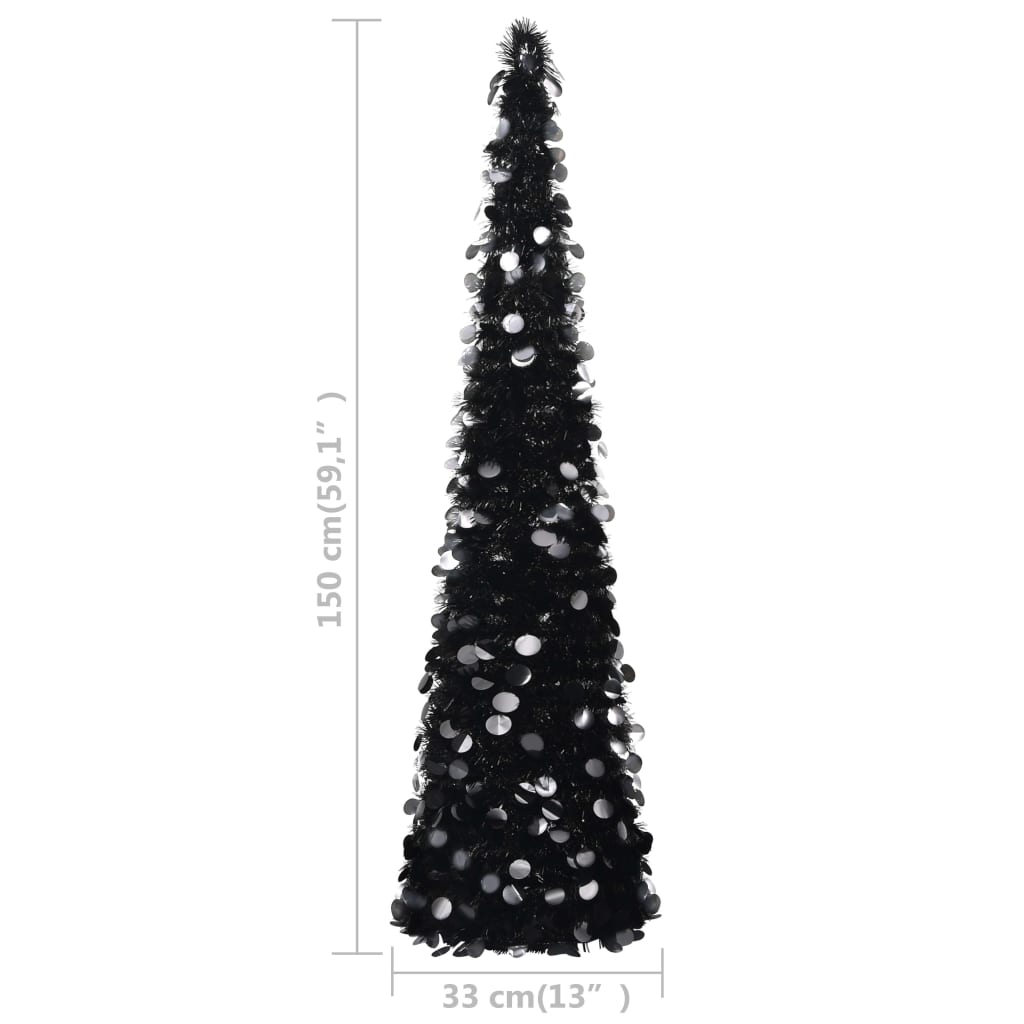 Black 5 ft pop-up artificial Christmas tree with shiny PET material and circular decorations.