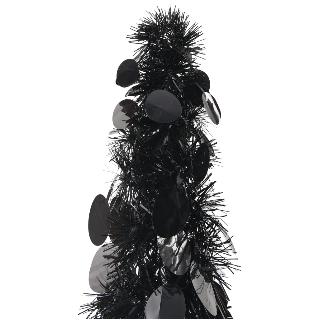 Black 6 ft pop-up artificial Christmas tree made of PET with black sequins.