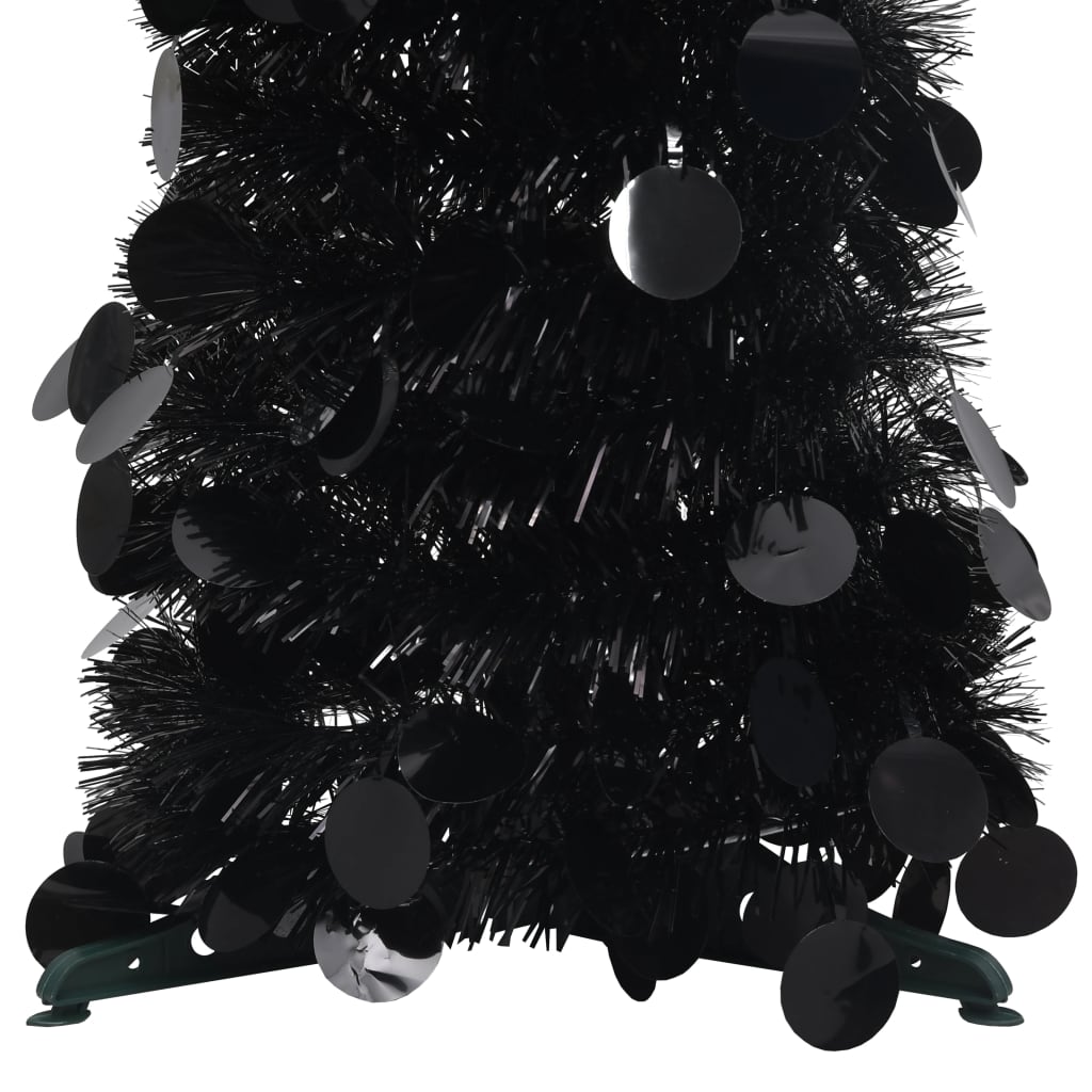 A 6 ft black pop-up artificial Christmas tree made of PET with sequin accents.