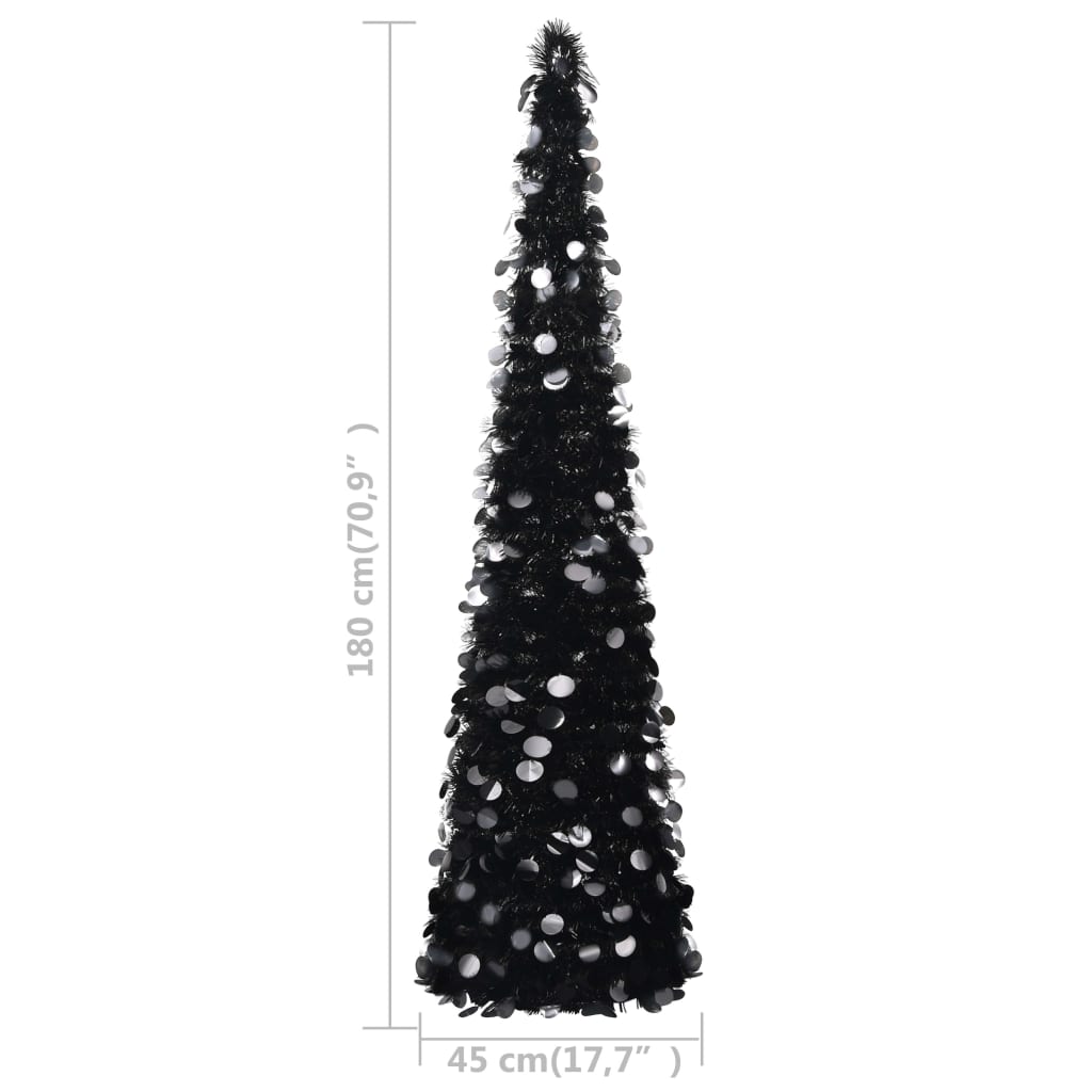 A 6 ft tall black pop-up artificial Christmas tree made of PET, shown with height measurements.