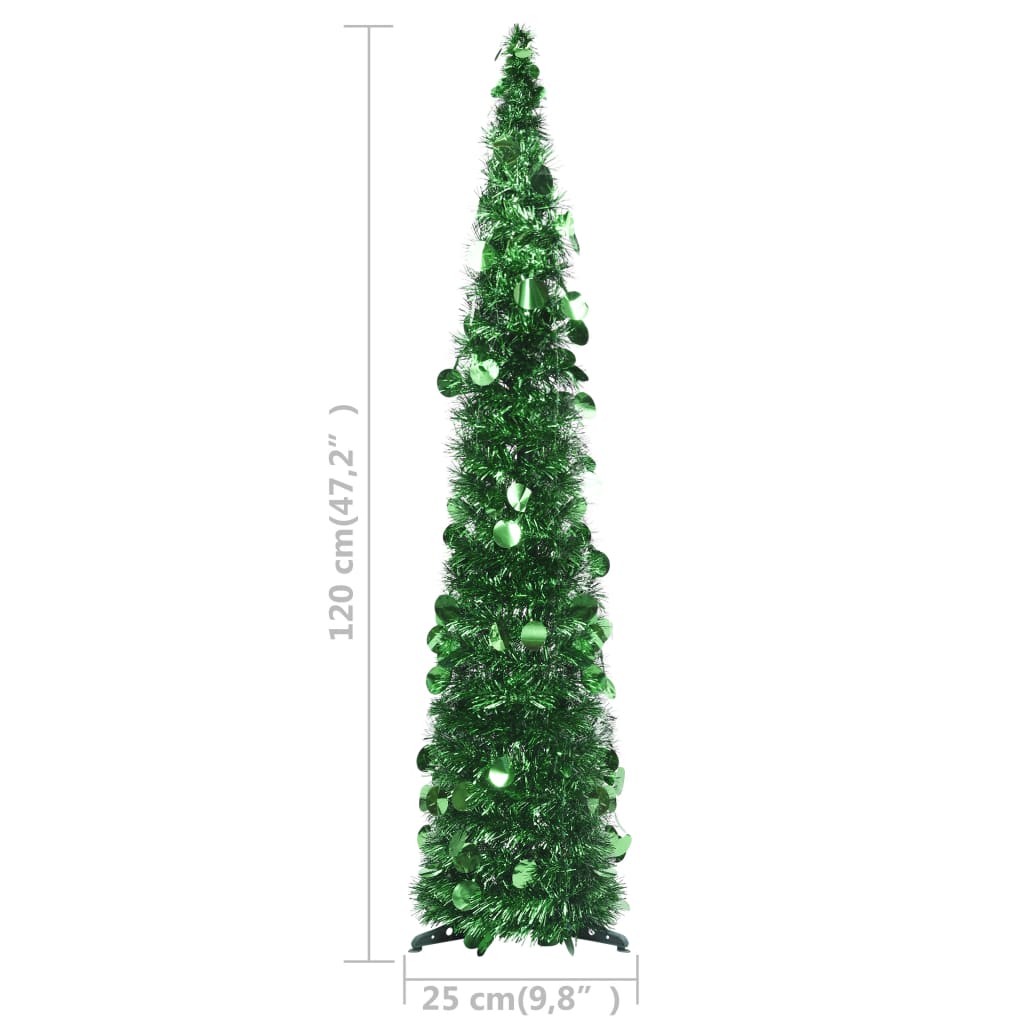 4 ft tall green PET pop-up artificial Christmas tree with slim conical shape and stand