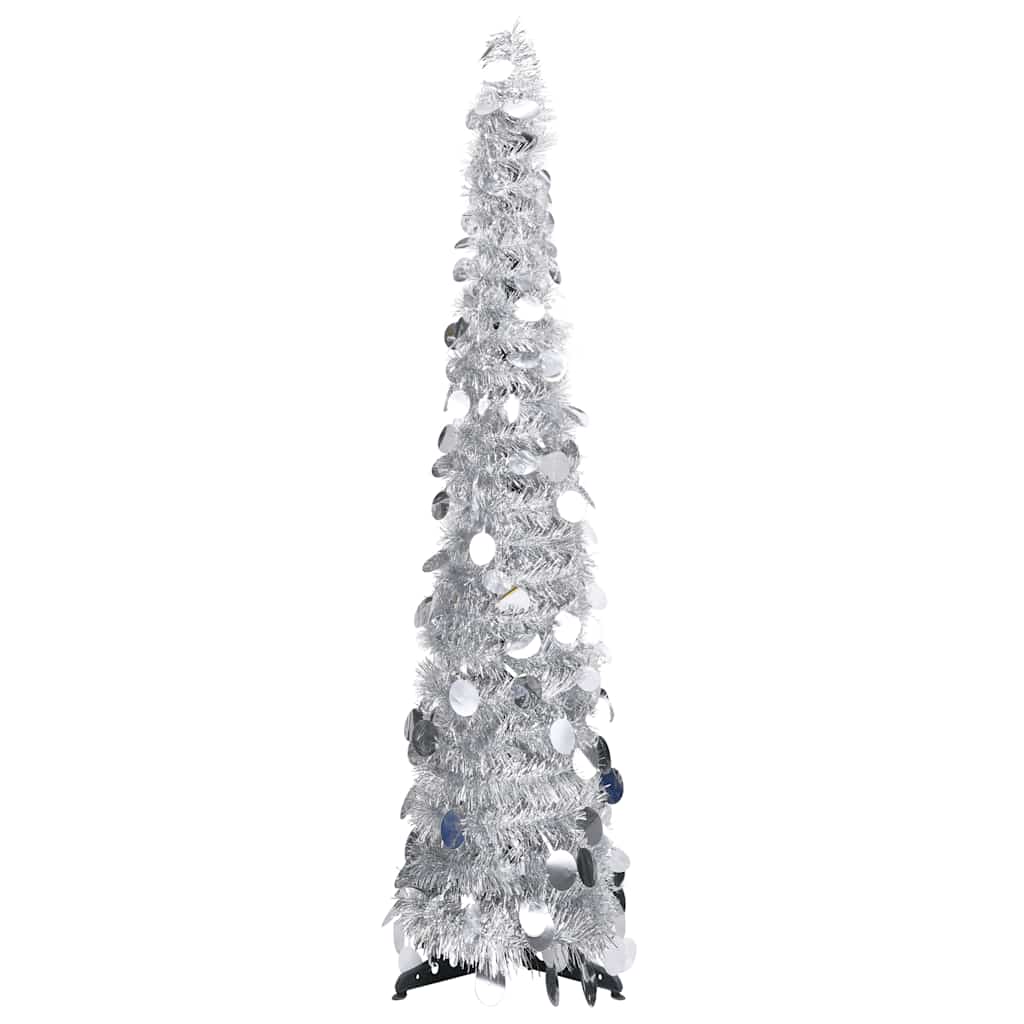4ft silver pop-up artificial Christmas tree made from recyclable PET material.