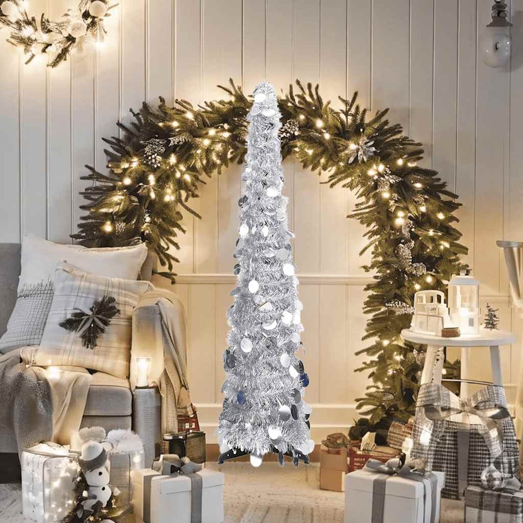 4ft silver pop-up artificial Christmas tree made from recyclable PET material.