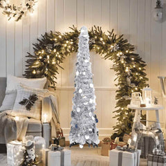 4ft silver pop-up artificial Christmas tree made from recyclable PET material.