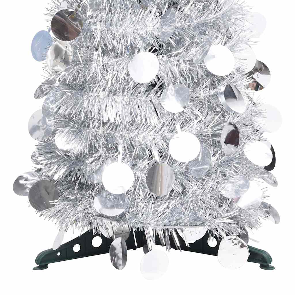 4ft silver pop-up artificial Christmas tree made from recyclable PET material.