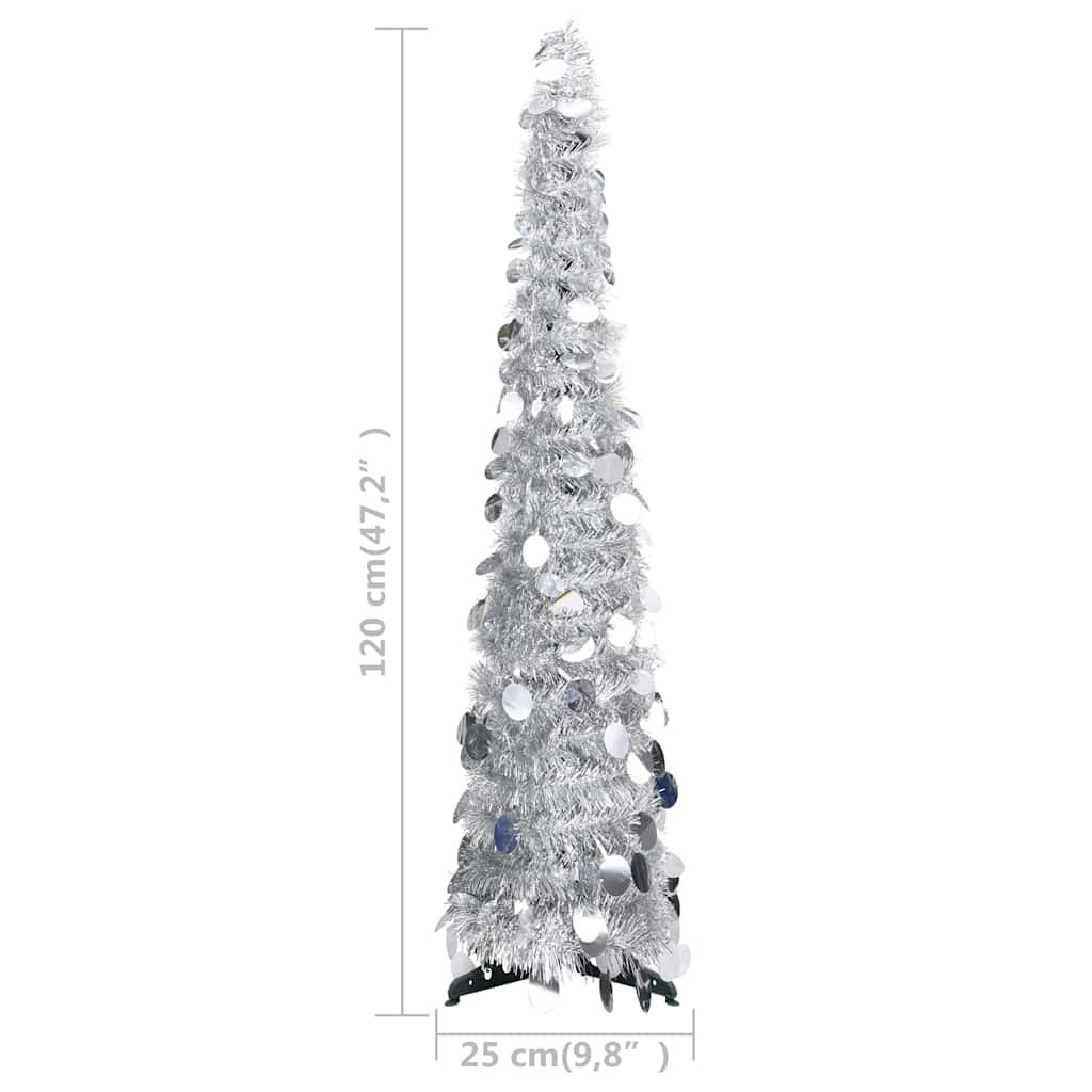 4ft silver pop-up artificial Christmas tree made from recyclable PET material.