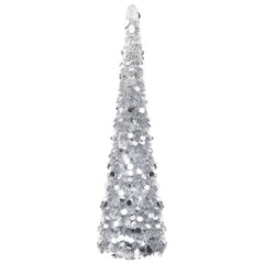 Silver artificial pop-up Christmas tree with reflective silver PET leaves, 5 feet tall.