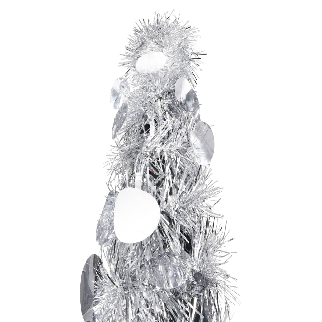 Silver 5 ft artificial pop-up Christmas tree made of PET with shimmering tinsel and ornaments.