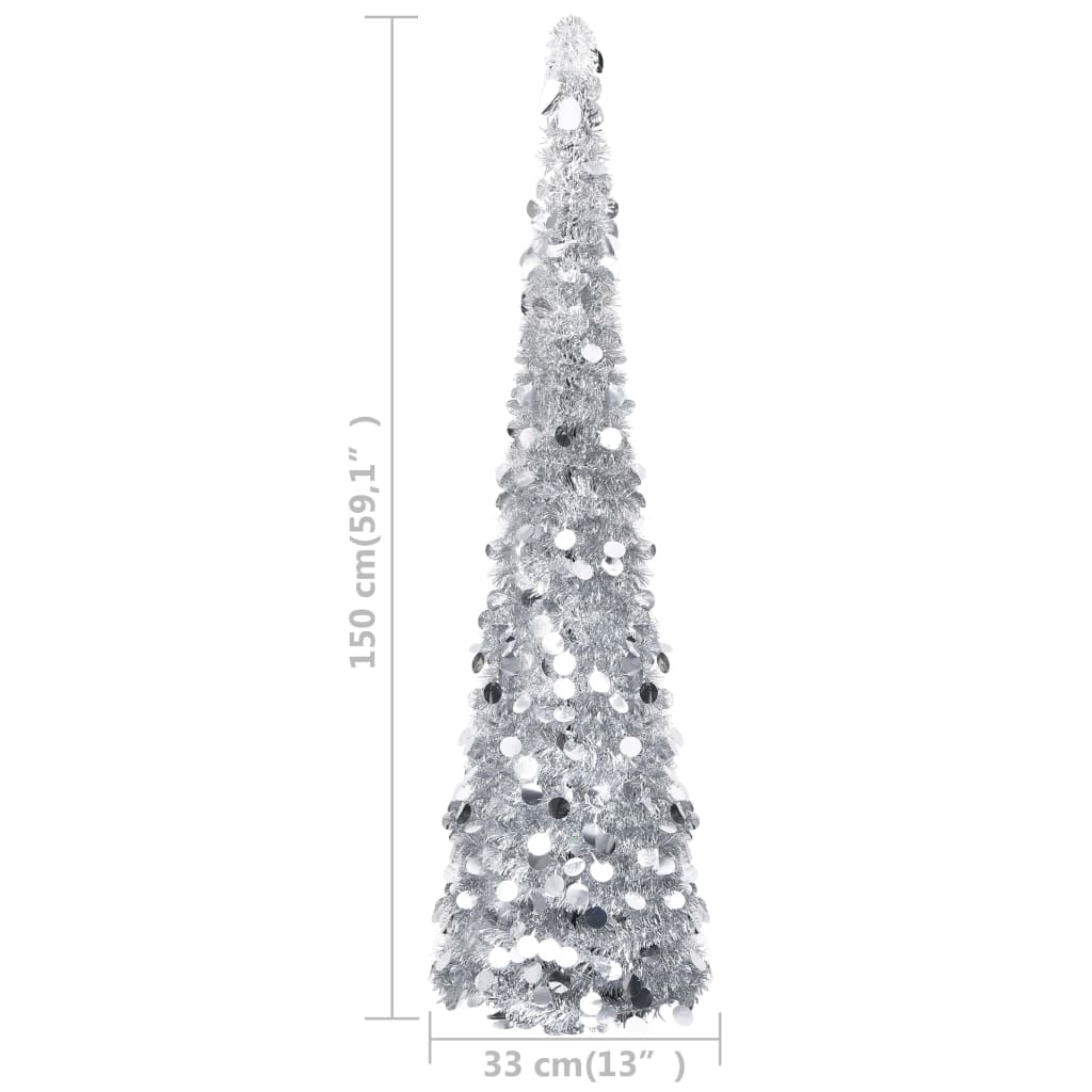 A 5 ft silver artificial pop-up Christmas tree made of PET with a sparkling, conical shape.