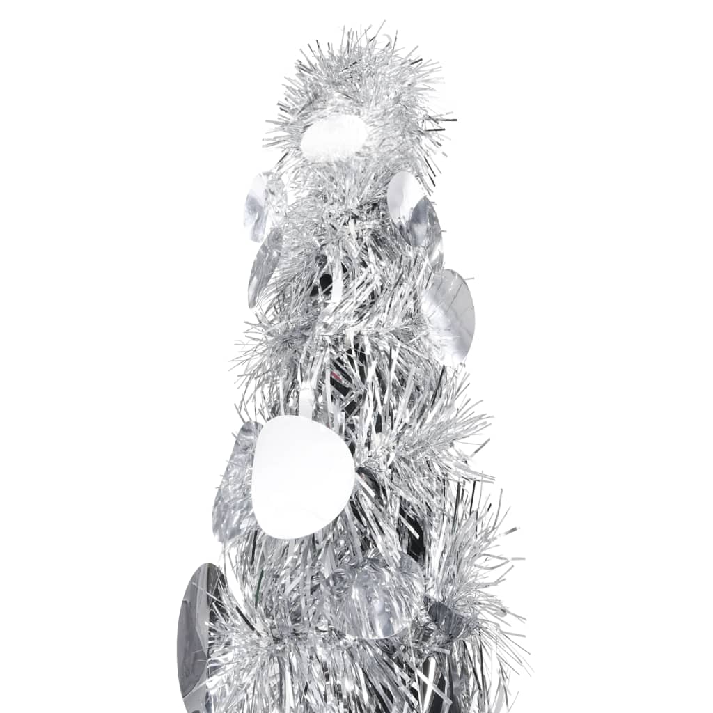 6ft silver pop-up artificial Christmas tree made of durable PET material for easy storage.