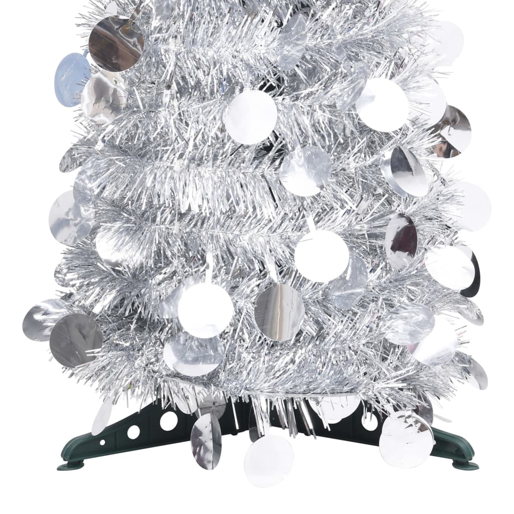 6ft silver pop-up artificial Christmas tree made from durable PET material.