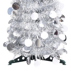 6ft silver pop-up artificial Christmas tree made from durable PET material.