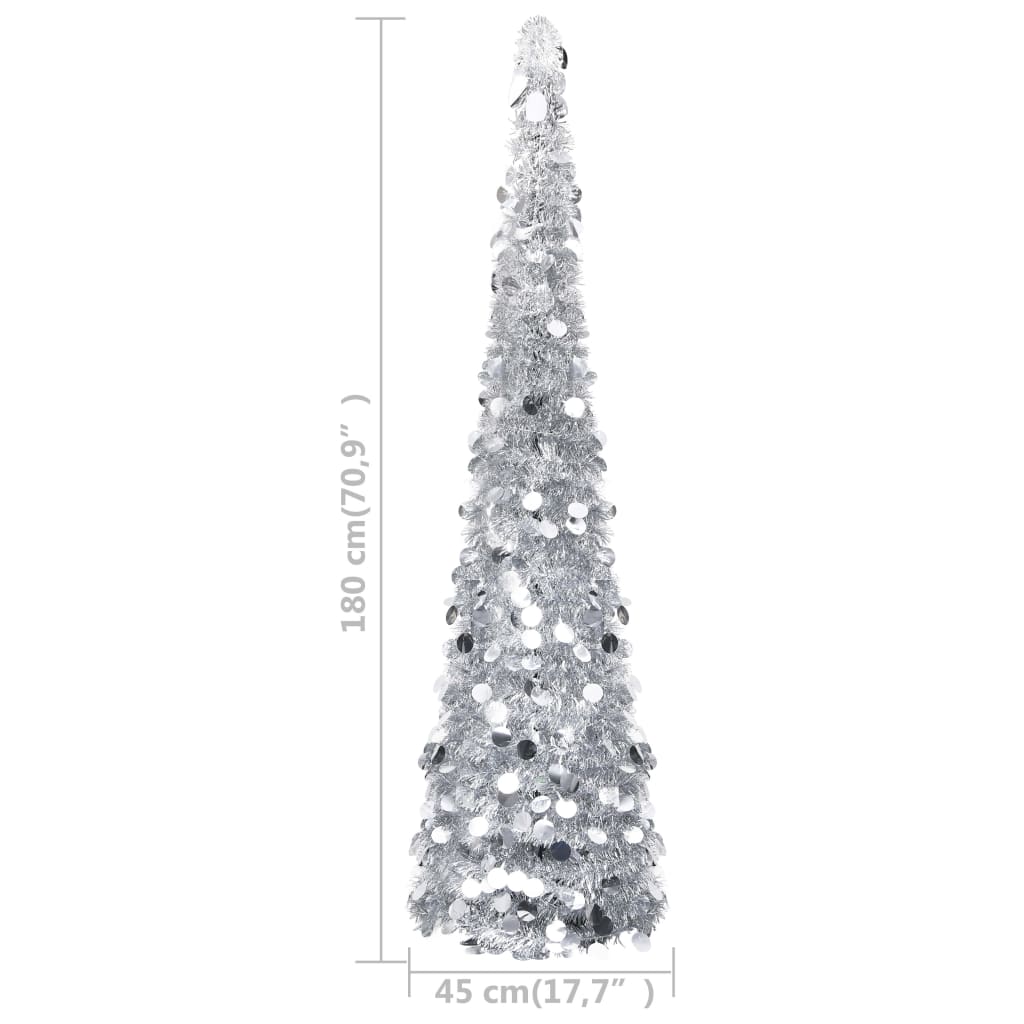 6ft silver pop-up artificial Christmas tree made of durable PET material for easy setup and storage.
