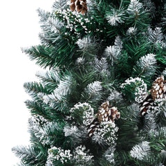 A 5 ft artificial Christmas tree with snow-dusted branches and pine cones.