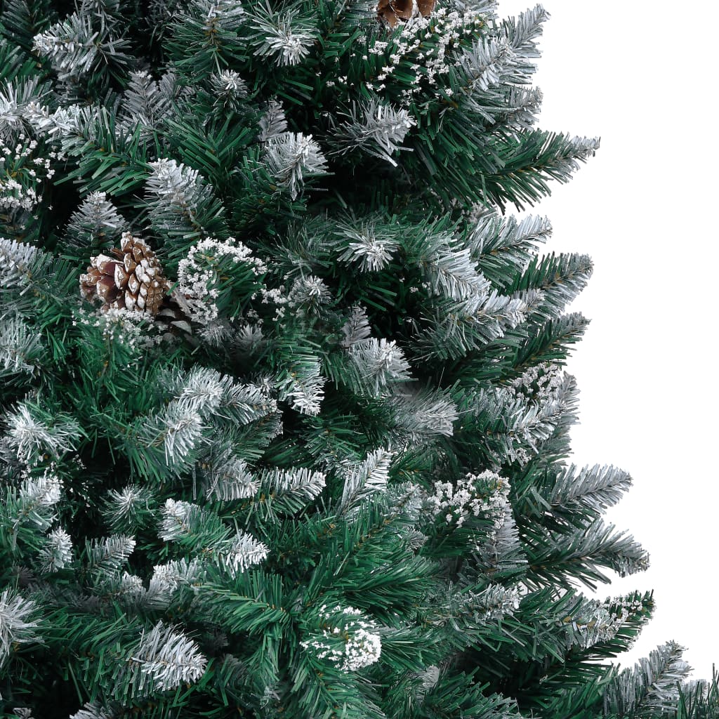 A 5 ft artificial Christmas tree with snow-dusted branches and pine cones.