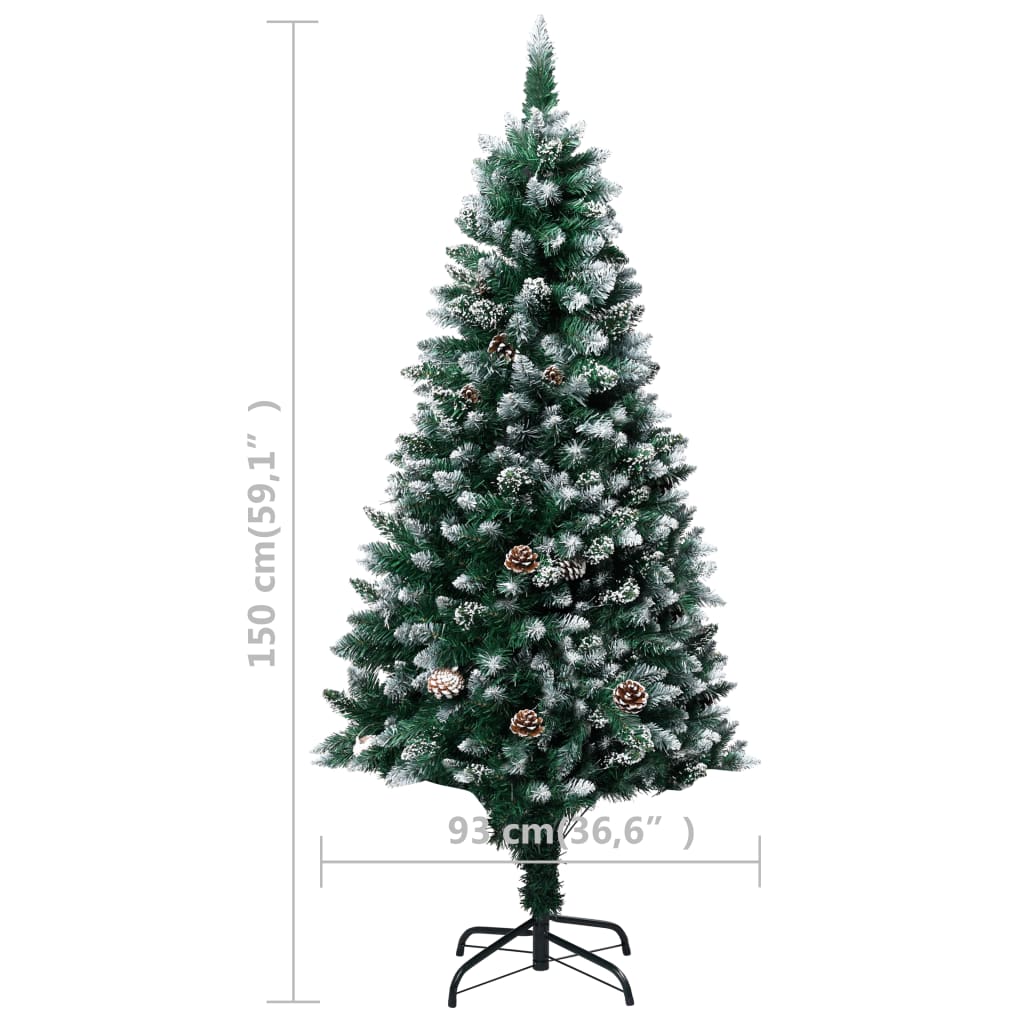 A 5 ft artificial Christmas tree with snow-dusted branches and pine cones on a metal stand.