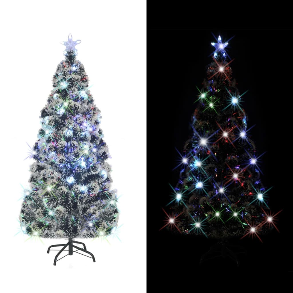 A 7 ft pre-lit fiberglass Christmas tree with 280 branches and multi-color LED lights.