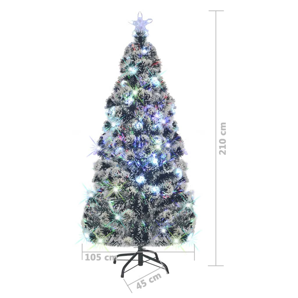 7 ft pre-lit fiberglass Christmas tree with 280 branches and multi-color LED lights, measuring 210 cm tall and 105 cm wide.