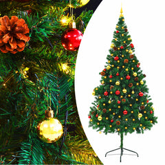 7ft pre-lit artificial Christmas tree in green with red and gold baubles and LED lights.