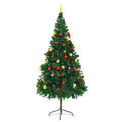 7ft green artificial Christmas tree, pre-lit with LEDs and decorated with red and gold baubles.
