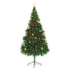 A 7ft green artificial Christmas tree pre-lit with LEDs and decorated with red and gold baubles.