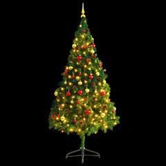 A 7ft green artificial Christmas tree pre-lit with LEDs and adorned with red and gold baubles.