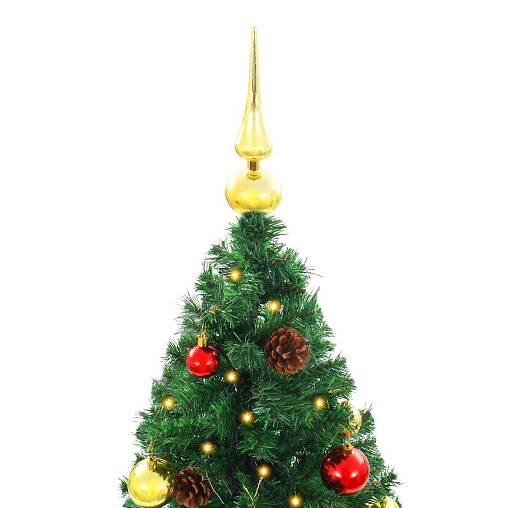 7ft pre-lit artificial Christmas tree in green with red and gold baubles and LED lights.