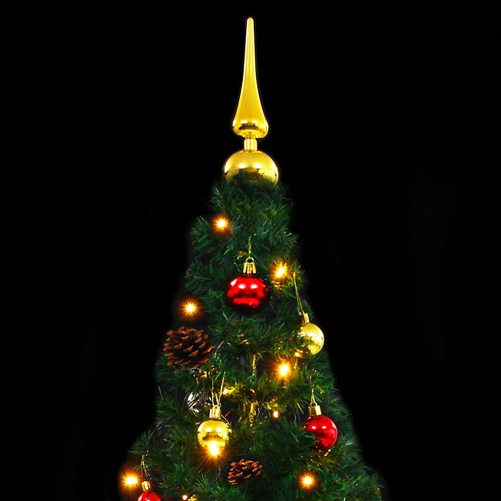 7ft pre-lit artificial Christmas tree in green with red and gold baubles and LED lights.