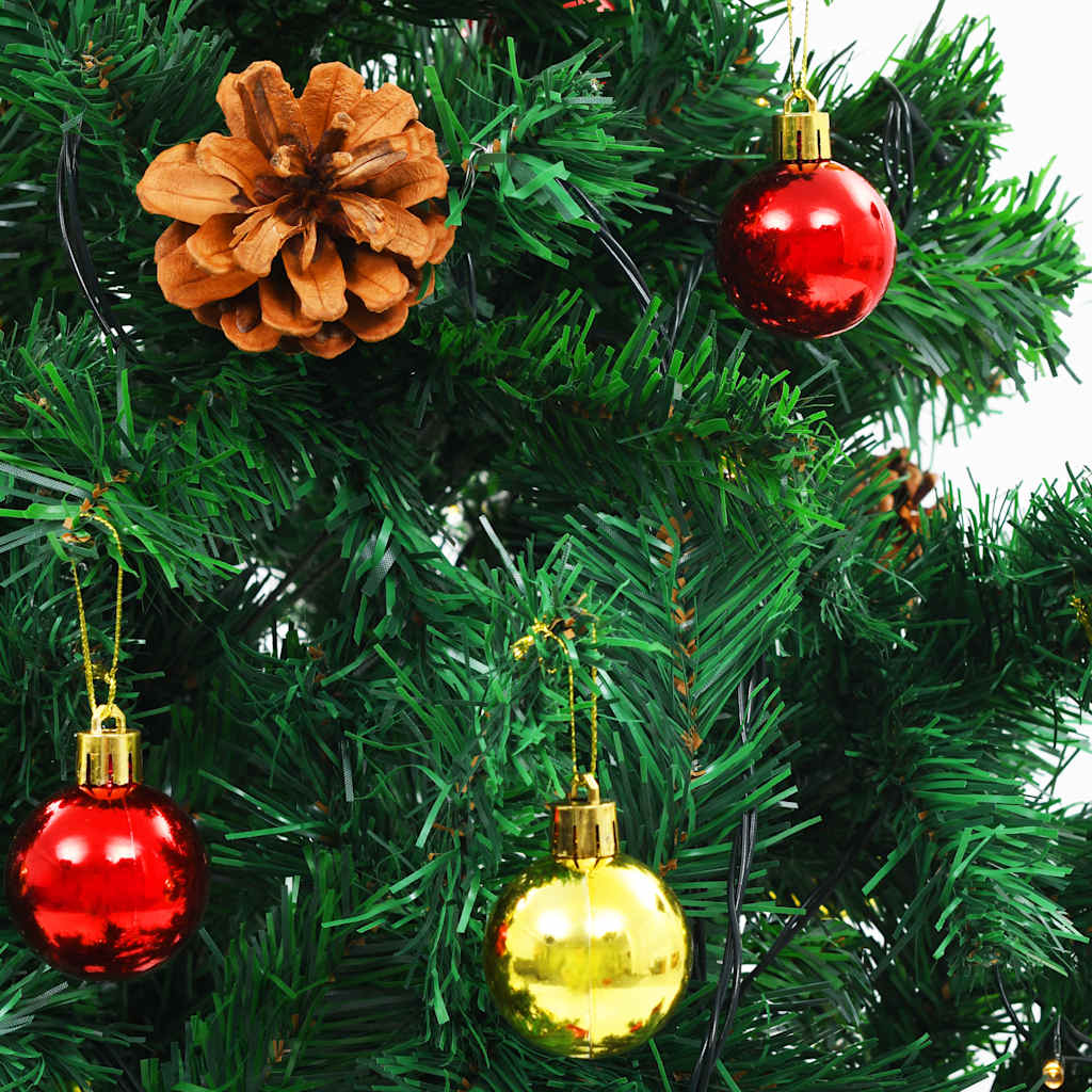 A 7ft pre-lit artificial Christmas tree with green branches, red and gold baubles, pine cones, and LED lights.