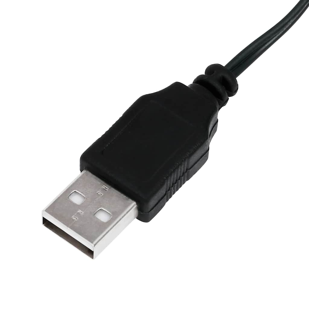Close-up of a black USB connector with silver pins and a green cable.