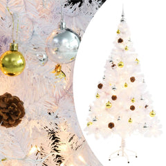 A 5ft white pre-lit artificial Christmas tree decorated with gold and silver baubles.