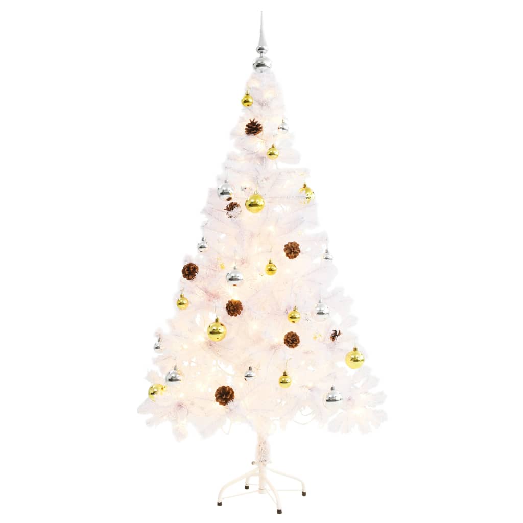 A 5ft white pre-lit artificial Christmas tree with gold and silver baubles.