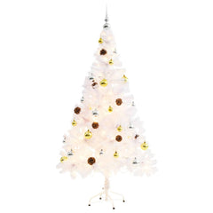 A 5ft white pre-lit artificial Christmas tree with gold and silver baubles.