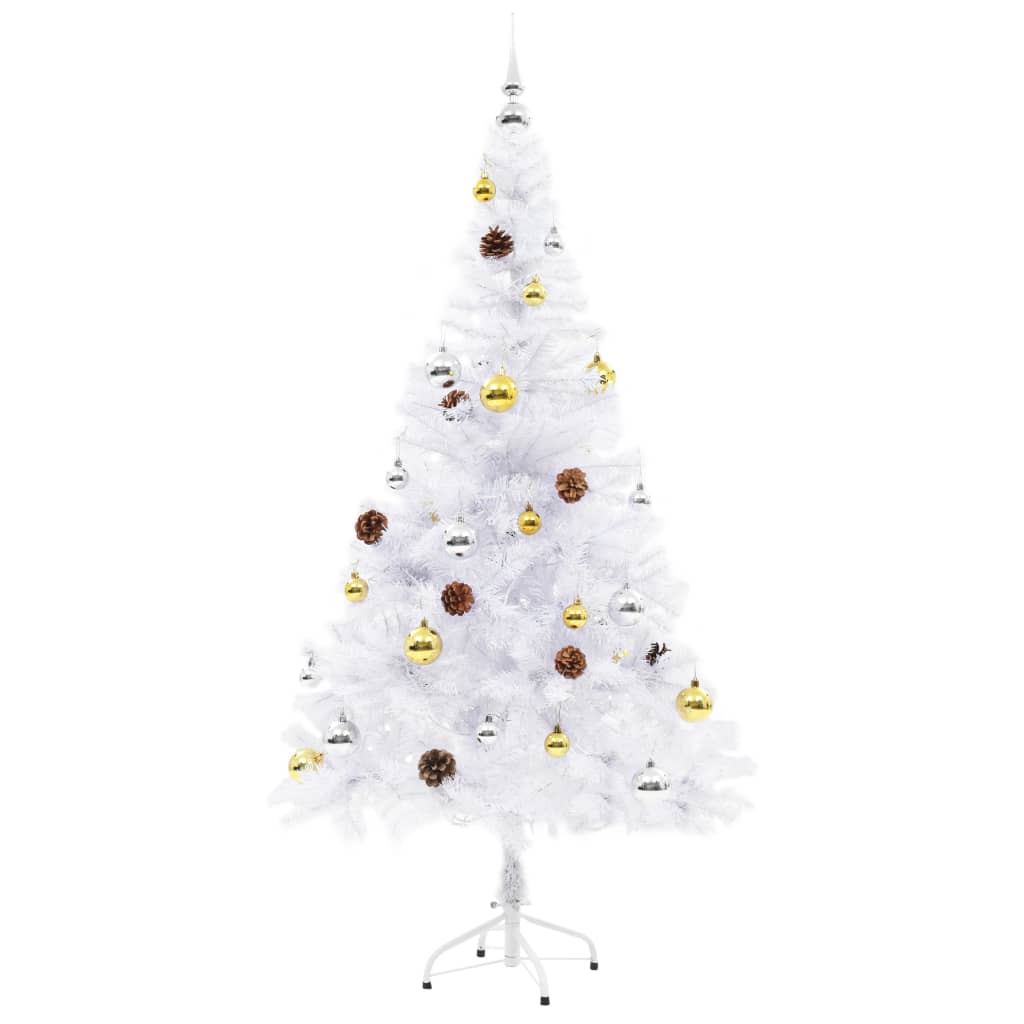 A 5ft white pre-lit artificial Christmas tree decorated with gold and silver baubles.