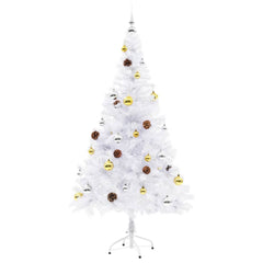 A 5ft white pre-lit artificial Christmas tree decorated with gold and silver baubles.