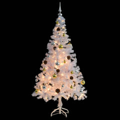 A 5ft white pre-lit artificial Christmas tree adorned with gold and silver baubles.